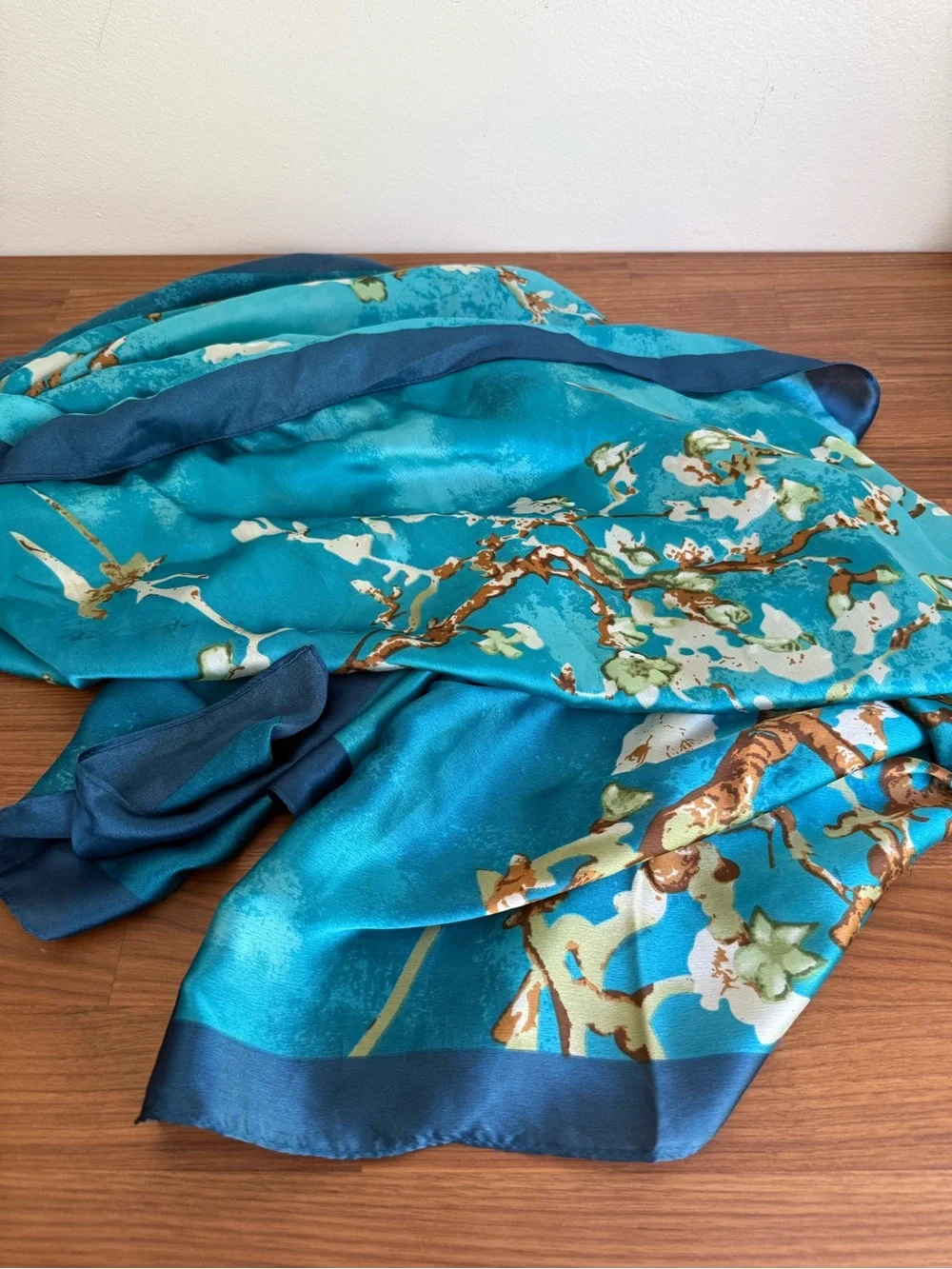 AmaWaterways Van Gogh Almond Blossom Satin Scarf Oversized Shawl Blue
